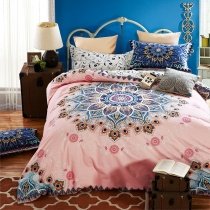 Girls Pink and Royal Blue Indian Pattern Circle Print Modern Bohemian Southwestern Style 100% Brushed Cotton Full, Queen Size Bedding Sets