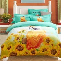 Orange Yellow and Turquoise Sunflower and Girl Print Rustic Style Princess Themed 100% Brushed Cotton Bedding Sets