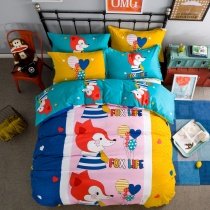Navy Blue Red Yellow and Pink Colorful Fox Print Anime Style Modern Chic 100% Cotton Twin, Full Size Bedding Sets for Girls | Boys
