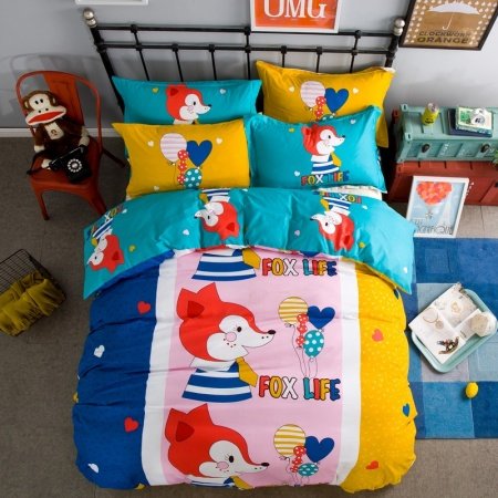 Navy Blue Red Yellow and Pink Colorful Fox Print Anime Style Modern Chic 100% Cotton Twin, Full Size Bedding Sets for Girls | Boys