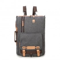 Dark Gray Canvas with Rust Leather Masculine Travel 14 Inch Laptop Backpack Vintage Studded Cool Boys Preppy School Campus Book Bag