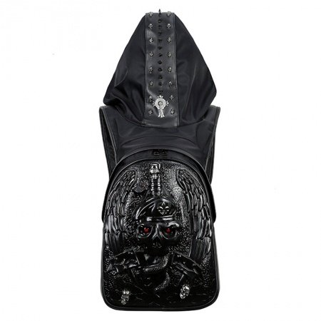 Personalized Black Leather Crossbones Masculine Large Travel Backpack Punk Style Engraved Skull Studded Cool Boys School Campus Book Bag