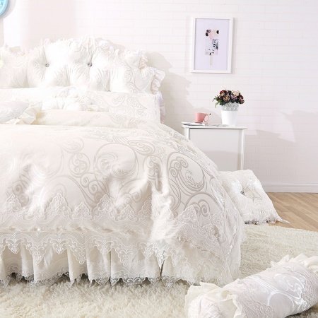 Trendy Pearl White Victorian Lace Design Sparkle Pattern Romantic Wedding Themed Luxury 100% Cotton Full, Queen Size Bedding Sets