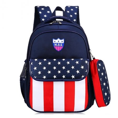 Personalized Navy Blue White and Red Nylon Boys Flap School Backpack American Flag Medallion Star Rugby Stripe Print Campus Book Bag
