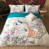 Trendy Pink White Green and Blue Peacock and Flower Print Sophisticated Elegant Luxury Egyptian Cotton Full, Queen Size Bedding Sets