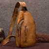 Rust Brown Distressed Waxed Cowhide Leather Crossbody Shoulder Chest Bag Vintage Sewing Pattern Anti Theft Men Travel Hiking Sling Backpack