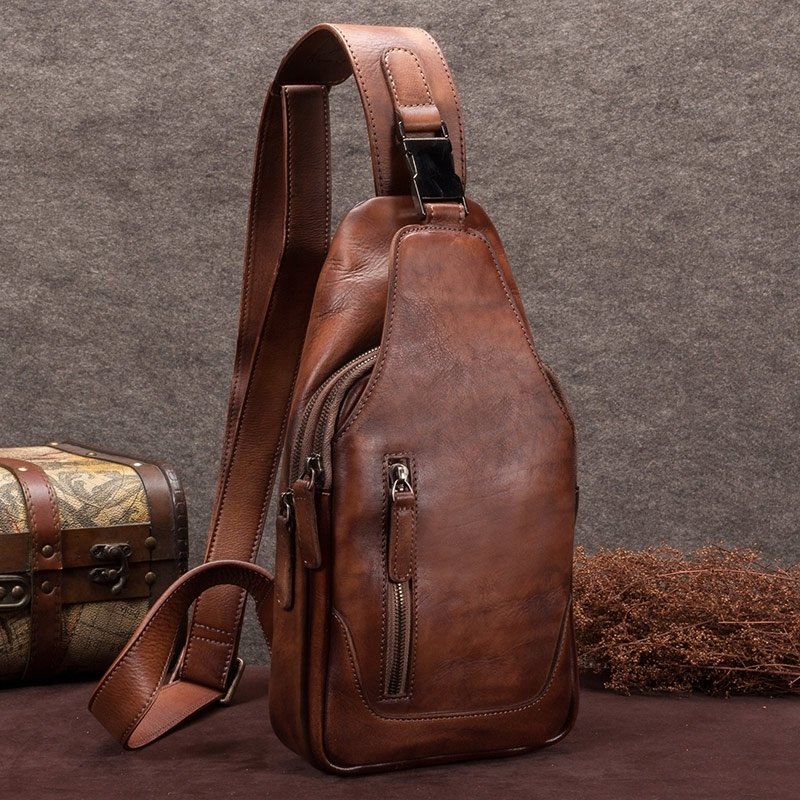 Burnt Brown Distressed Waxed Cowhide Leather Crossbody Shoulder Chest ...