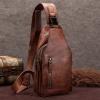 Burnt Brown Distressed Waxed Cowhide Leather Crossbody Shoulder Chest Bag Vintage Anti Theft Men Travel Hiking Cycling Sling Backpack
