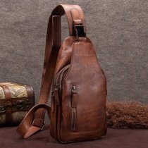 Burnt Brown Distressed Waxed Cowhide Leather Crossbody Shoulder Chest Bag Vintage Anti Theft Men Travel Hiking Cycling Sling Backpack