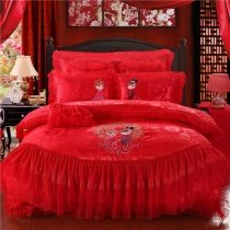 Red Embroidered Rose Drop Ruffle Victorian Lace Wedding Themed Vintage Luxury Jacquard Satin Full, Queen Size Bedding Sets