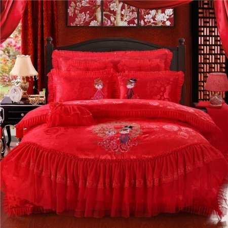 Red Embroidered Rose Drop Ruffle Victorian Lace Wedding Themed Vintage Luxury Jacquard Satin Full, Queen Size Bedding Sets
