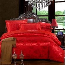 Romantic Red Beautiful Yorkshire Rose Pattern Luxurious Sequin Jacquard Satin Full, Queen Size Bedding Sets
