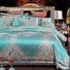 Fancy Teal and Rose Gold Floral Pattern Tropical Themed Abstract Exotic Jacquard Satin Full, Queen Size Bedding Sets