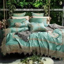 Turquoise and Gold Eyelet Lace Design Vintage Victorian Chic Noble Excellence Full, Queen Size Bedding Sets