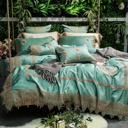 Turquoise and Gold Eyelet Lace Design Vintage Victorian Chic Noble Excellence Full, Queen Size Bedding Sets