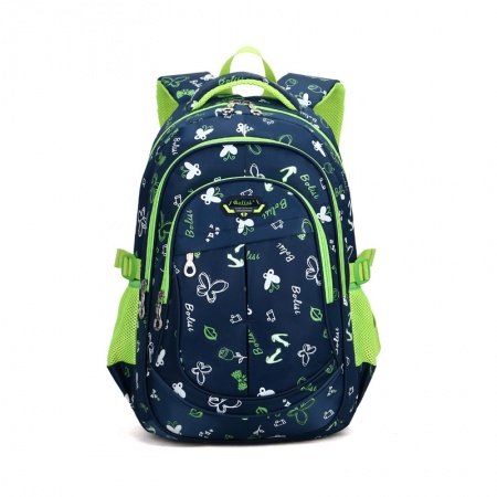 Black White and Lime Green Polyester Boys Pupil School Book Bag Butterfly Anchor Monogrammed Leaf Print Campus Backpack