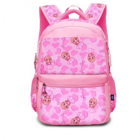 Hot Pink and Blush Polyester Elegant Girls Pupil School Book Bag Polka Dot Bow Heart Print Preppy Campus Backpack