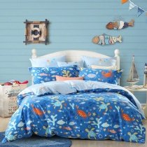 Aqua Blue and Orange Ocean Themed Fish, Crab, Sea Turtle, Coral Print Twin, Full, Queen Size Bedding Sets