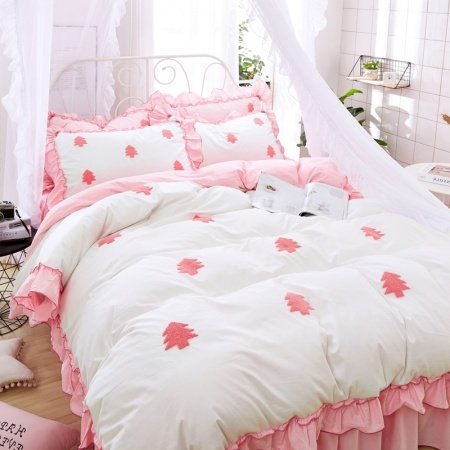 Blush Pink White and Red Christmas Tree Print Attached Dust Ruffle Shabby Chic Ruched Elegant Girls Twin, Full, Queen Size Bedding Sets