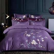 Dark Purple Floral and Bird Print Luxury Embroidered Animal Themed Vintage Shabby Chic Full, Queen Size Bedding Sets