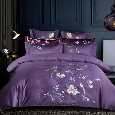 Dark Purple Floral and Bird Print Luxury Embroidered Animal Themed Vintage Shabby Chic Full, Queen Size Bedding Sets