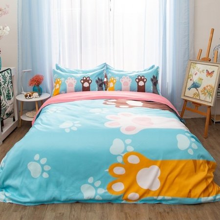 Funky Kids Sky Blue Orange Pink and White Paw Print Pastel Style Hipster Twin, Full, Queen Size Bedding Sets