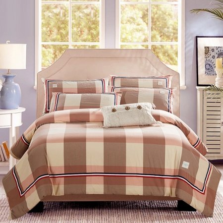 Beige and Brown Gingham Plaid Shabby Chic Full, Queen Size Bedding Sets