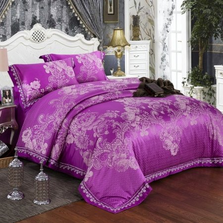 Girls Sparkle Luxury Flower Jacquard Satin Full, Queen Size Bedding Sets