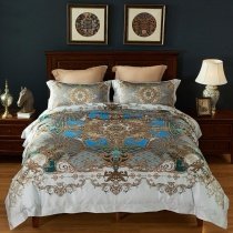 White Gold and Aqua Indian Bohemian Retro Gypsy Full, Queen Size Bedding Sets