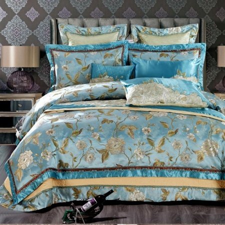 Green and Turquoise Wildflower Sequin Satin Full, Queen Size Bedding Sets