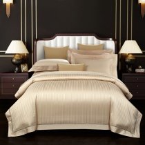 Champagne Gold Vertical Stripes Shiny Satin Boutique Full, Queen Size Bedding Sets