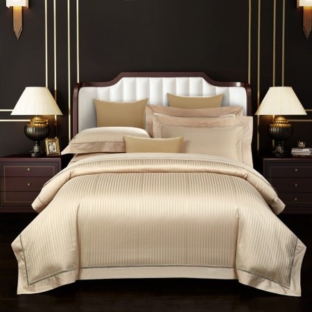 Champagne Gold Vertical Stripes Shiny Satin Boutique Full, Queen Size Bedding Sets