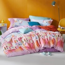 Coral Pink Blue and White Building Print Modern Town Scene Full, Queen Size Bedding Sets