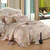 Beige Pink and Light Blue Oriental Floral Garden Images Vintage Chic Rustic Style Gorgeous 100% Egyptian Cotton Full, Queen Size Bedding Sets