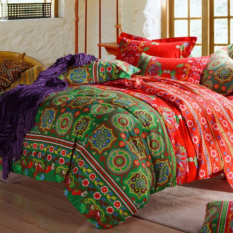 Lime Green and Red Floral and Indian Tribal Print Luxury Cotton Full