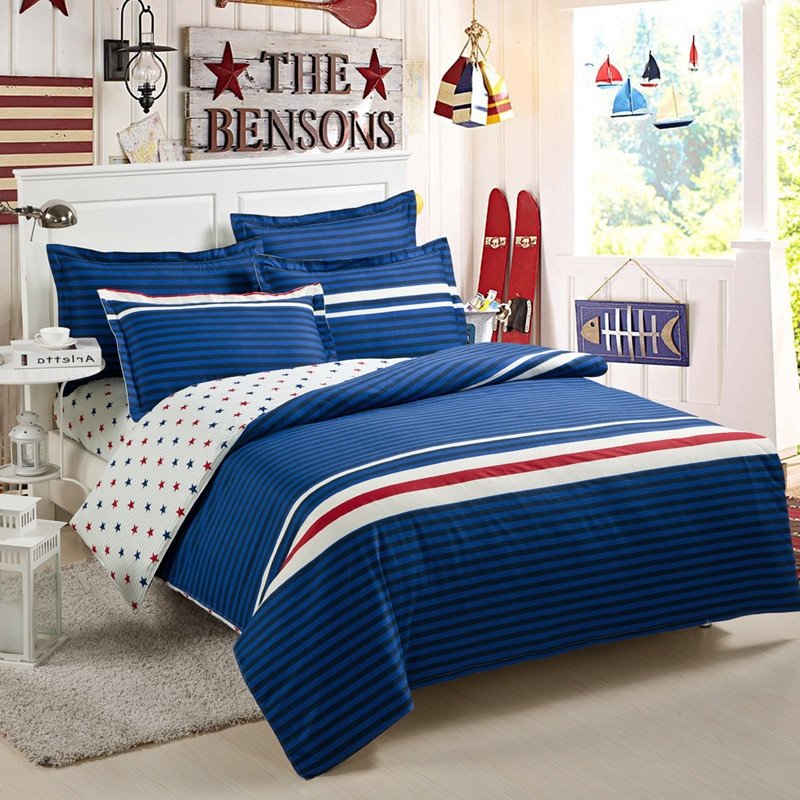 Navy Blue and White Pinstripe Print Polka Dot Design College Dorm Girls