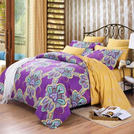 Purple and Yellow Bohemian(BOHO) Chic Western Paisley Print 100% Cotton Satin Full, Queen Size Bedding Sets