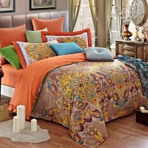 Light Tan Orange and Gold Indian Tribal Pattern and Paisley Park Print Luxury Embroidered Design Adult Full Size Bedding Sets