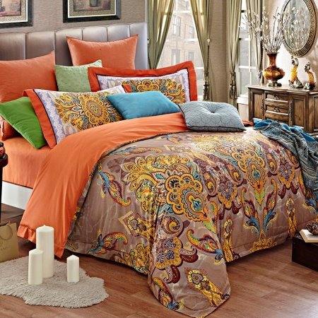 Light Tan Orange and Gold Indian Tribal Pattern and Paisley Park Print Luxury Embroidered Design Adult Full Size Bedding Sets