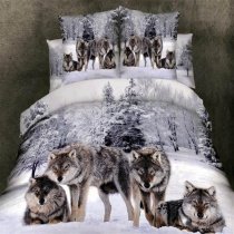 Grey White and Brown Wild Animal Wolf Print on Snow Scene in Forest 3D Design Full Size Bedding Sets