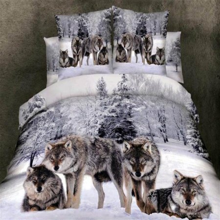 Grey White and Brown Wild Animal Wolf Print on Snow Scene in Forest 3D Design Full Size Bedding Sets