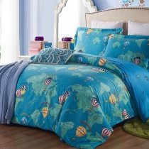 Teal Orange and Green World Map and Hot Air Balloon Travel Style Holiday Themed 100% Cotton Twin, Full Size Bedding Sets