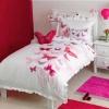 Hot Pink Red and White Beautiful Butterfly Pattern Cute Girly Pastel Style 100% Organic Cotton Twin, Full Size Ruched Bedding Sets