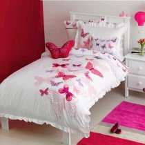 Hot Pink Red and White Beautiful Butterfly Pattern Cute Girly Pastel Style 100% Organic Cotton Twin, Full Size Ruched Bedding Sets