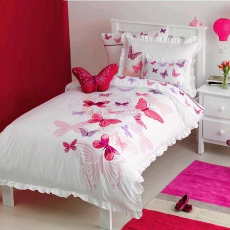 Hot Pink Red and White Beautiful Butterfly Pattern Cute Girly Pastel Style 100% Organic Cotton Twin, Full Size Ruched Bedding Sets