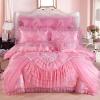 Pink Beautiful Heart Pattern Victorian Lace and Gathered Ruffle Princess Style Luxury Jacquard Linen Full, Queen Size Bedding Sets