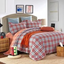 Blue Orange Red and Brown All Plaid Print Traditional Preppy Style 100% Brushed Cotton Full, Queen Size Bedding Sets