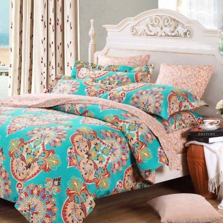 Teal Blue Pink and Red Baroque Style Bohemian Chic Tribal Print Indian Pattern Full, Queen Size Bedding Sets