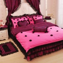 Hot Pink and Black Polka Dot Design and Gathered Lace Princess Style Feminine Feel Twin, Full, Queen Size Bedding Sets for Girls