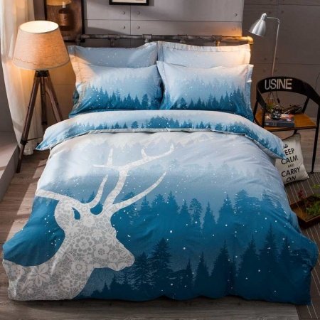 Deep Blue Gray and White Forest Friend Deer Print Midnight Scene Jungle Themed Hipster Style 100% Cotton Full, Queen Size Bedding Sets